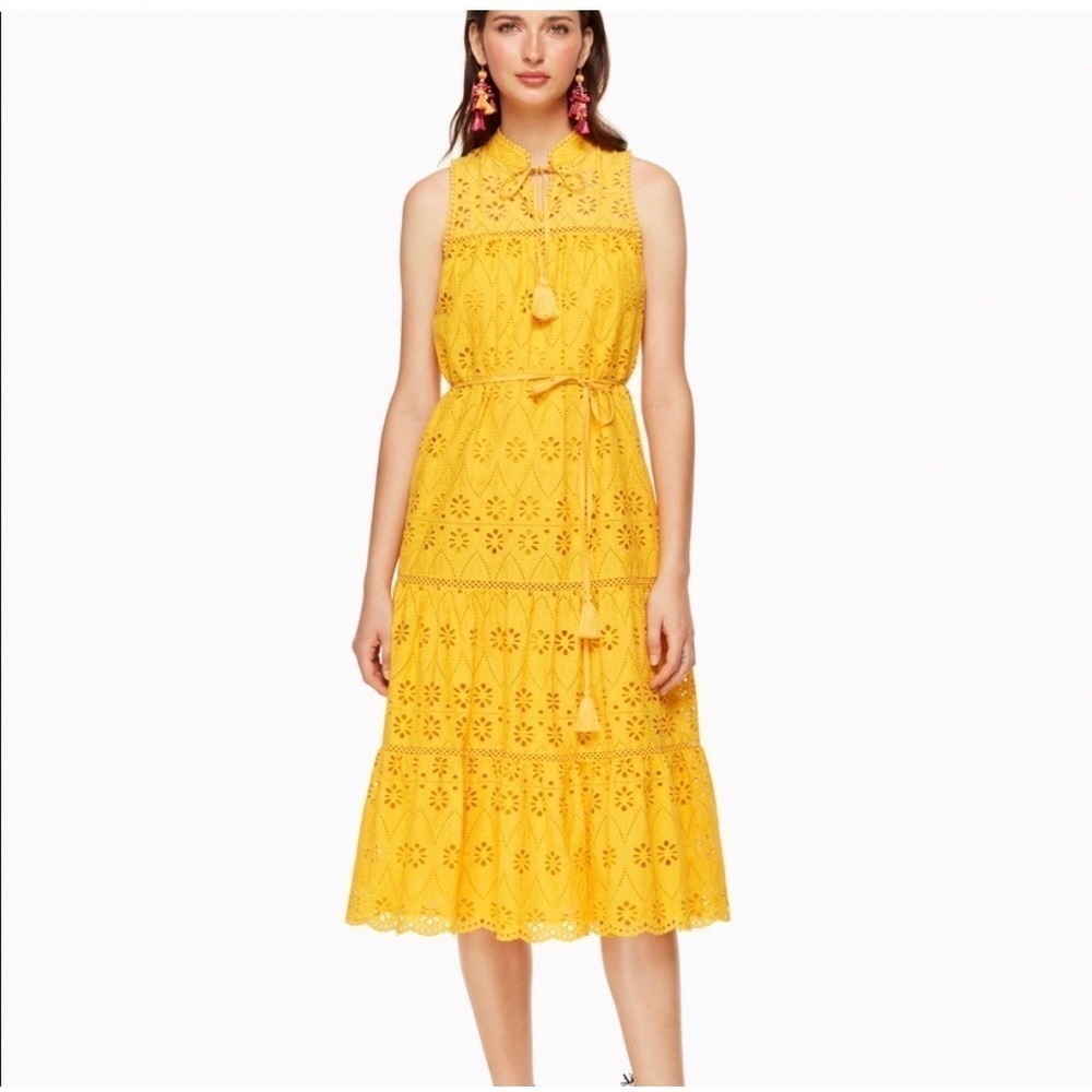 B44 Kate Spade Eyelet Patio Midi Dress XS Tiered Sleeveless Boho‎ Relaxed Summer
